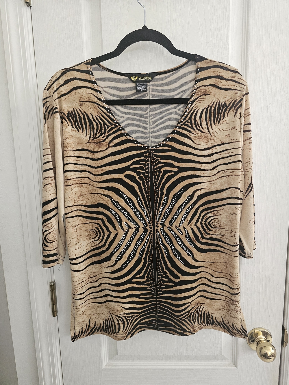 Valentina Beige & Black Animal-Print V-Neck Top with Rhinestones